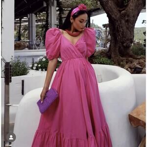 Zara Pink Puff Sleeve Midi Maxi Dress in Fuschia Pink Size XS